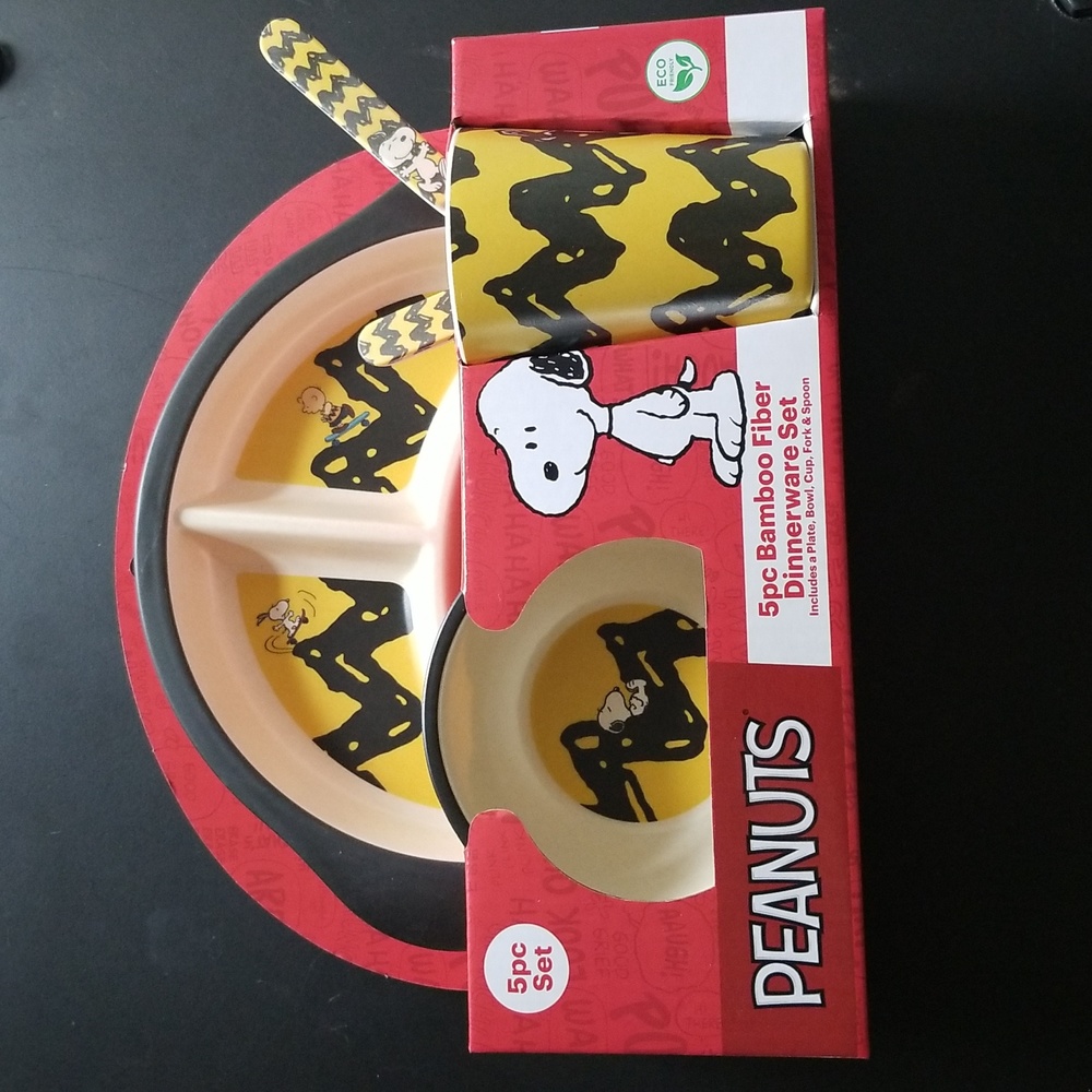 New in box.  Peanuts. 5 piece bamboo children's dinnerware.